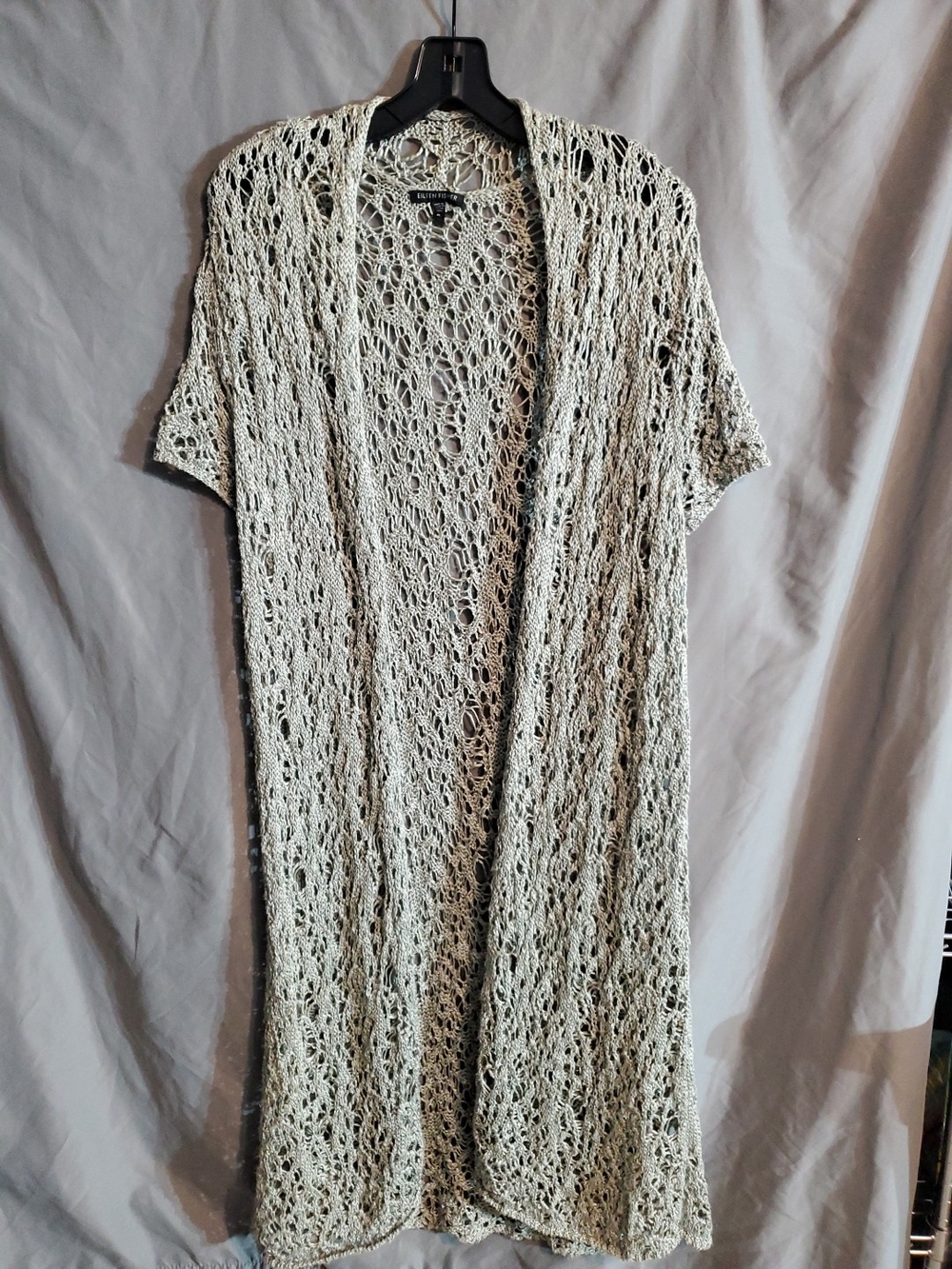 Eileen Fisher XL Open-Weave Short Sleeve Duster Cardigan Light Beige/Gray